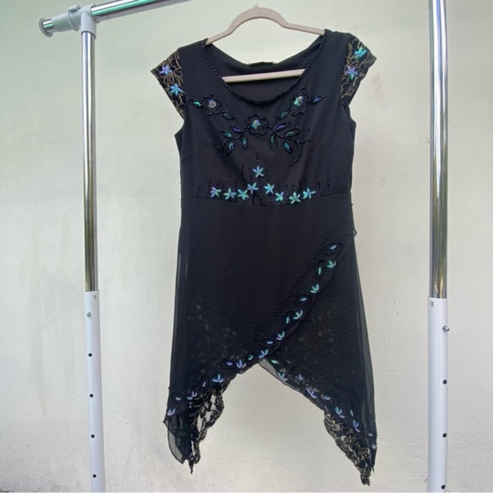 Y2K Euro Whimsygoth Black Beaded Asymmetrical Fairy Top Size Large